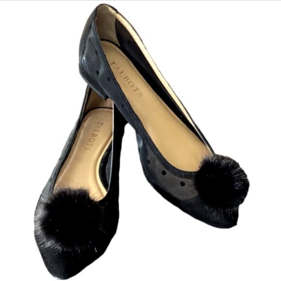 Talbots Edison Faux Fur Pom Pom Mesh Polka Dot Pointed Toe Flats 6.5W #183B - Picture 1 of 10